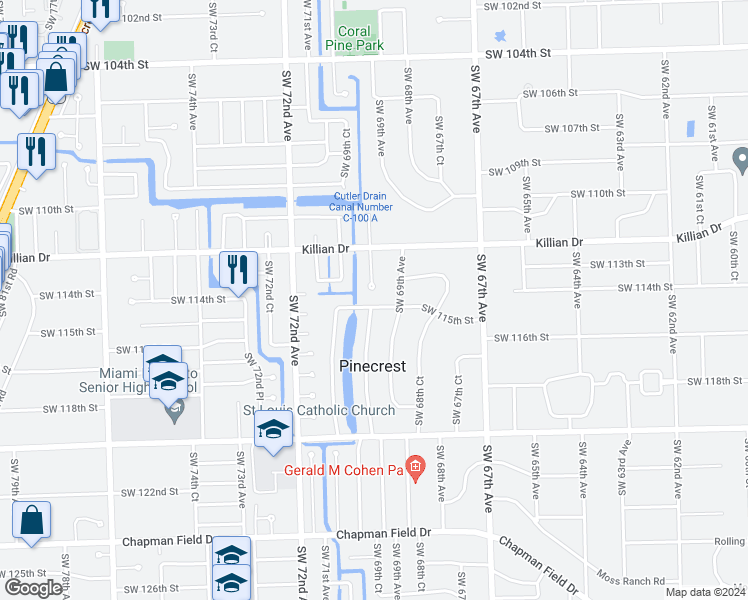 map of restaurants, bars, coffee shops, grocery stores, and more near 6945 Southwest 115th Street in Miami