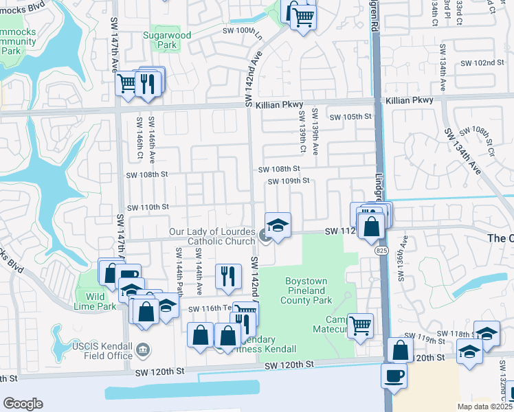 map of restaurants, bars, coffee shops, grocery stores, and more near 11001 Southwest 142nd Avenue in Miami