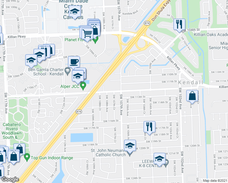 map of restaurants, bars, coffee shops, grocery stores, and more near 10783 Southwest 112th Street in Miami