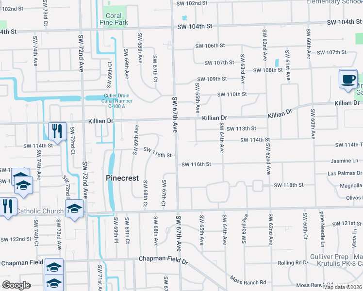 map of restaurants, bars, coffee shops, grocery stores, and more near 11400 Ludlam Road in Pinecrest