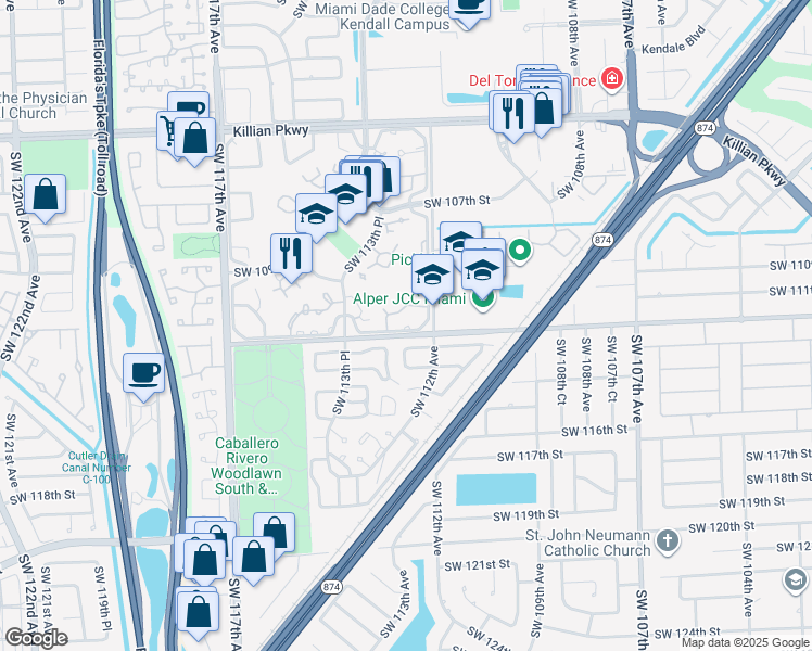map of restaurants, bars, coffee shops, grocery stores, and more near 11209 Southwest 112th Street in Miami