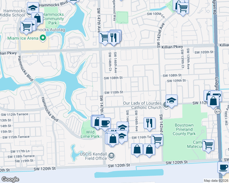 map of restaurants, bars, coffee shops, grocery stores, and more near 10931 Southwest 146th Avenue in Miami