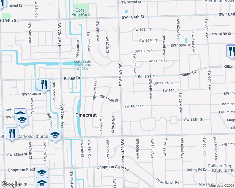 map of restaurants, bars, coffee shops, grocery stores, and more near 11400 Ludlam Road in Pinecrest