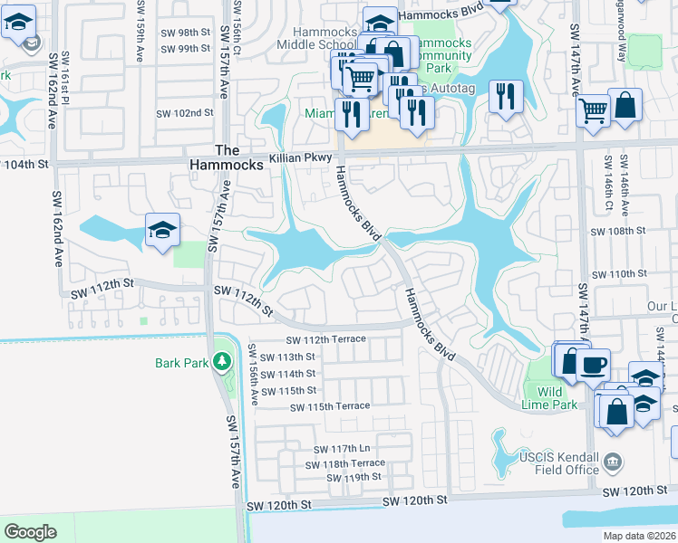 map of restaurants, bars, coffee shops, grocery stores, and more near 10862 Southwest 153rd Avenue in Miami