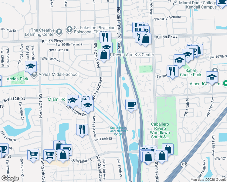 map of restaurants, bars, coffee shops, grocery stores, and more near 12001 Southwest 110th Street Circle North in Miami