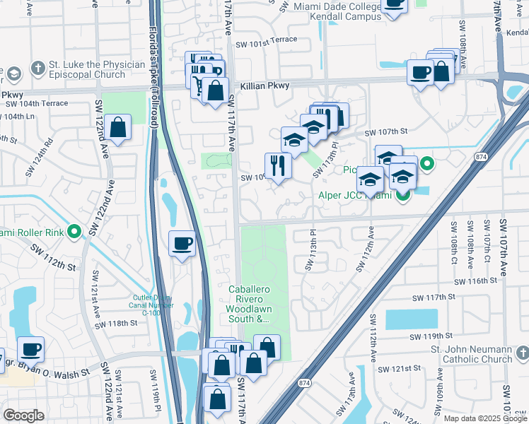 map of restaurants, bars, coffee shops, grocery stores, and more near 11111 Southwest 110th Road in Miami