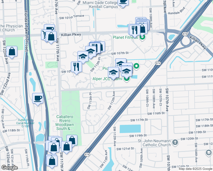 map of restaurants, bars, coffee shops, grocery stores, and more near 11209 Southwest 112th Street in Miami