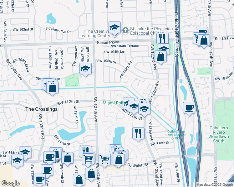 map of restaurants, bars, coffee shops, grocery stores, and more near 11013 Southwest 124th Court in Miami