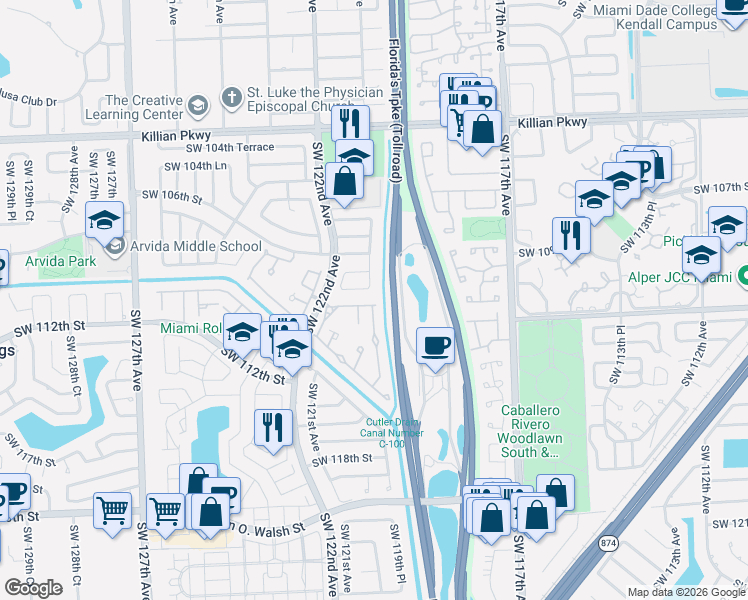 map of restaurants, bars, coffee shops, grocery stores, and more near 12001 Southwest 110th Street Circle North in Miami