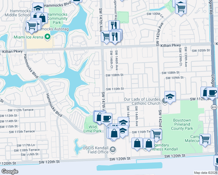 map of restaurants, bars, coffee shops, grocery stores, and more near 10935 Southwest 146th Place in Miami