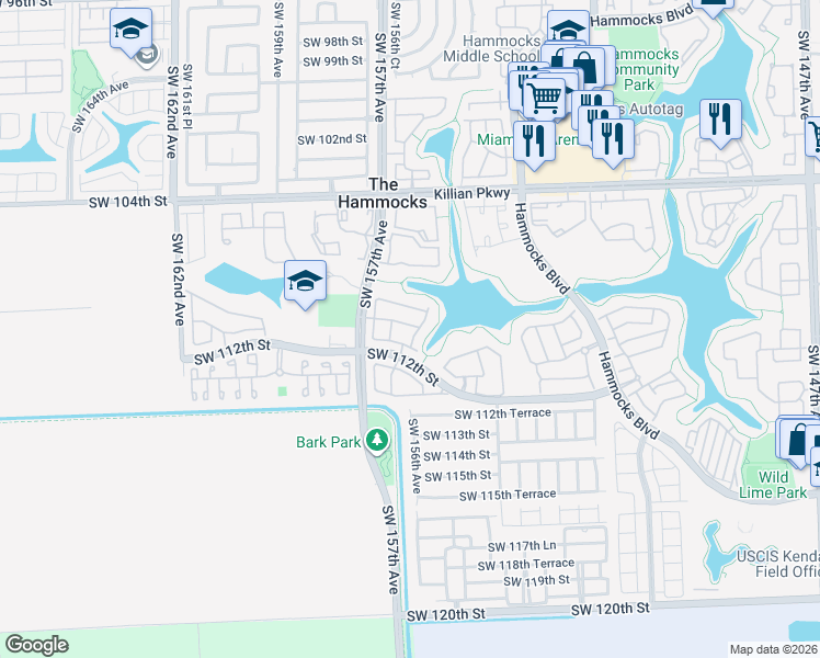 map of restaurants, bars, coffee shops, grocery stores, and more near 11040 Southwest 155th Place in Miami