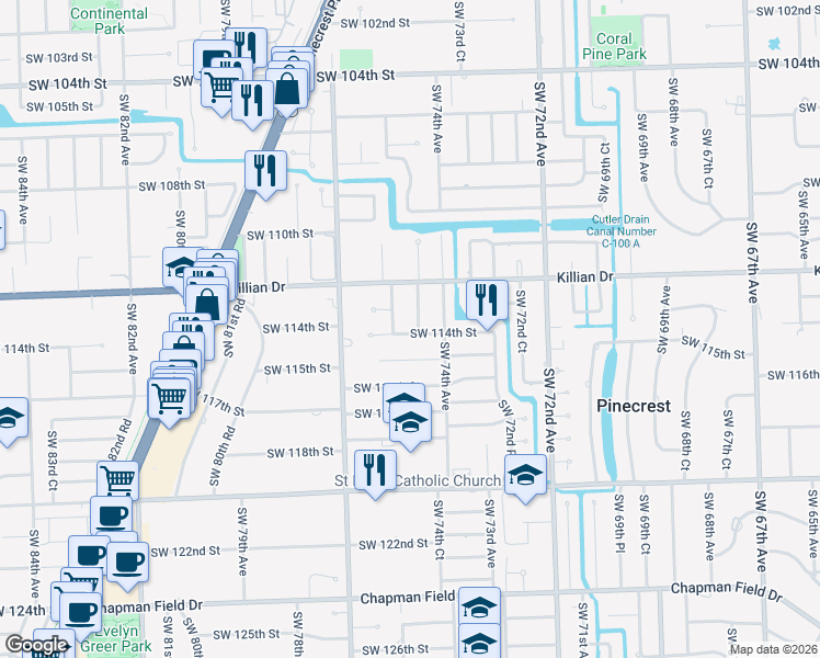 map of restaurants, bars, coffee shops, grocery stores, and more near 7495 Southwest 114th Street in Miami