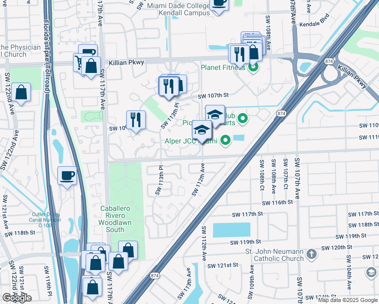 map of restaurants, bars, coffee shops, grocery stores, and more near 11209 Southwest 112th Street in Miami