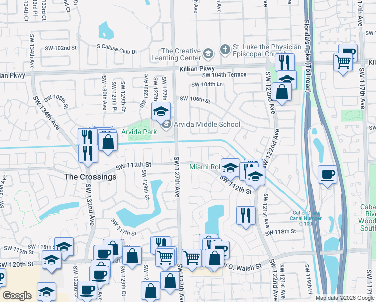 map of restaurants, bars, coffee shops, grocery stores, and more near 11003 Southwest 125th Court in Miami