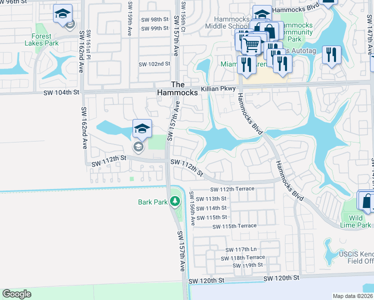 map of restaurants, bars, coffee shops, grocery stores, and more near 11040 Southwest 155th Place in Miami