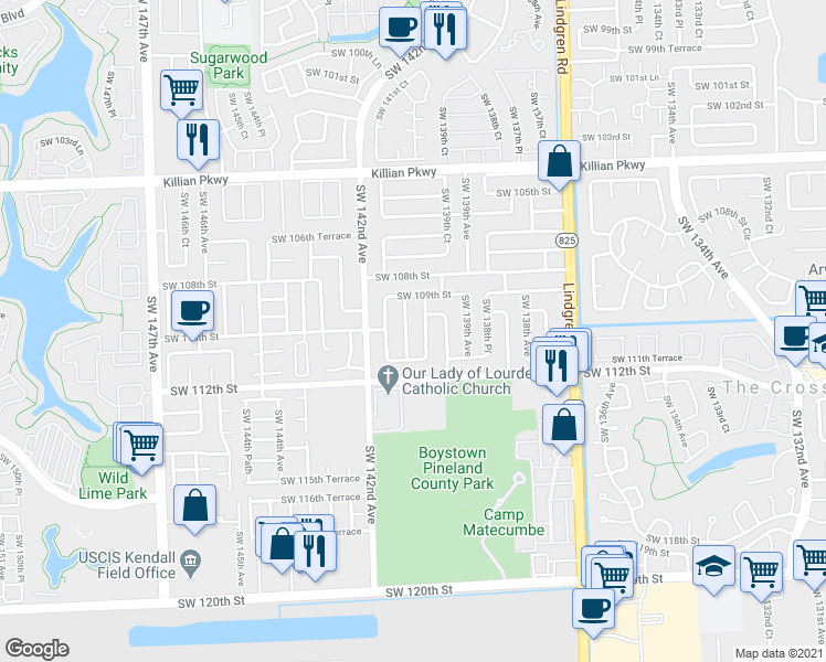 map of restaurants, bars, coffee shops, grocery stores, and more near 11001 SW 140th Ave in Miami