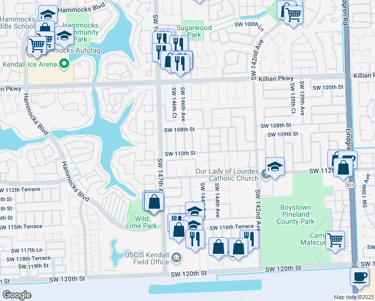 map of restaurants, bars, coffee shops, grocery stores, and more near 10931 Southwest 146th Avenue in Miami