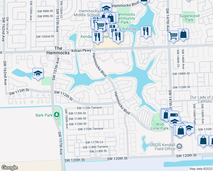 map of restaurants, bars, coffee shops, grocery stores, and more near 15246 Southwest 108th Terrace in Miami