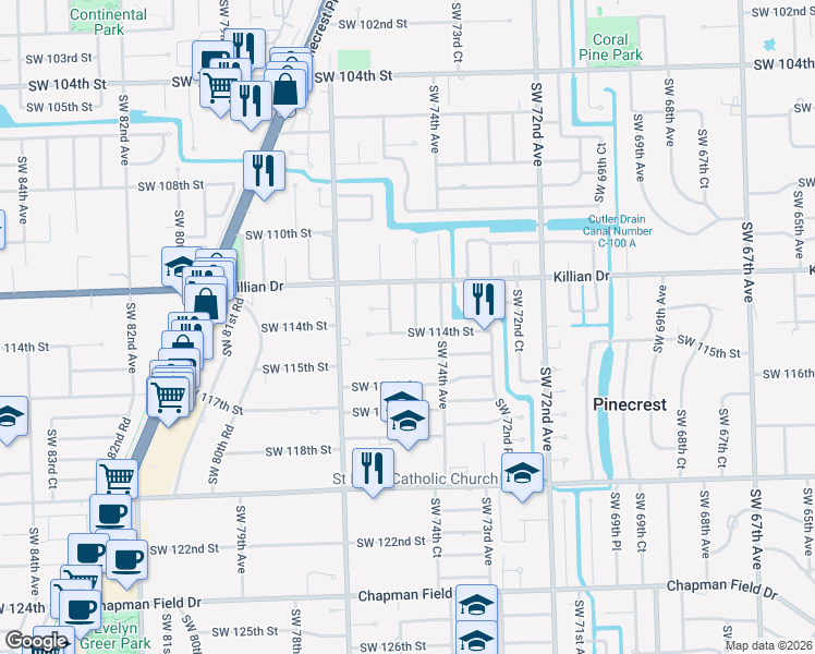 map of restaurants, bars, coffee shops, grocery stores, and more near 7495 Southwest 114th Street in Miami