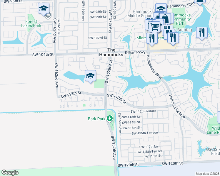 map of restaurants, bars, coffee shops, grocery stores, and more near 11045 Southwest 156th Place in Miami