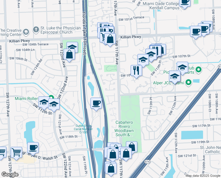 map of restaurants, bars, coffee shops, grocery stores, and more near 11091 Southwest 117th Court in Miami