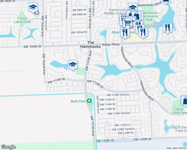 map of restaurants, bars, coffee shops, grocery stores, and more near 11045 Southwest 156th Place in Miami