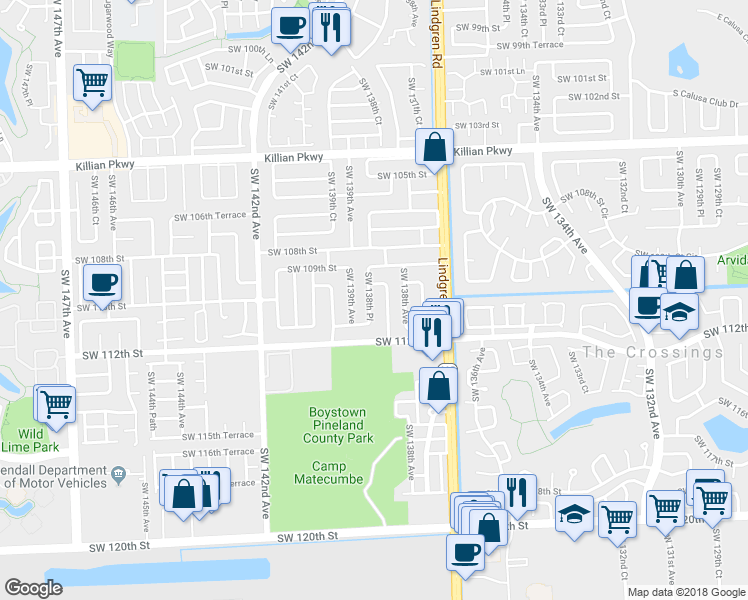 map of restaurants, bars, coffee shops, grocery stores, and more near 11007 Southwest 138th Place in Miami