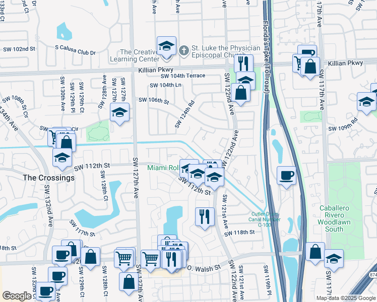 map of restaurants, bars, coffee shops, grocery stores, and more near 12331 Southwest 110th South Canal Street Road in Miami