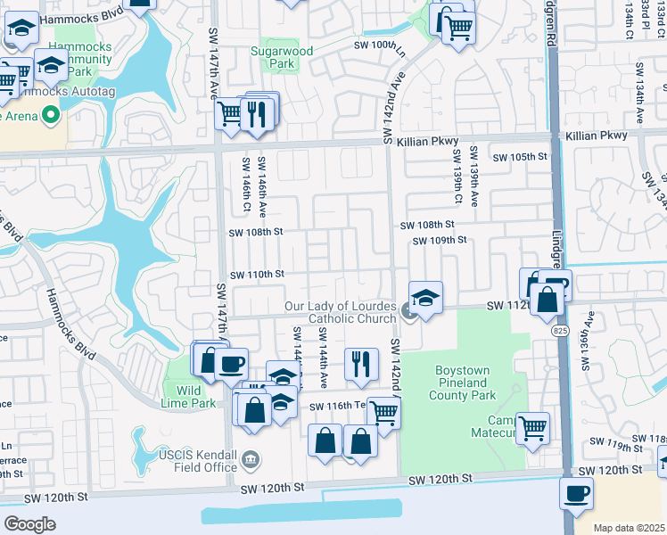 map of restaurants, bars, coffee shops, grocery stores, and more near 10951 Southwest 144th Avenue in Miami