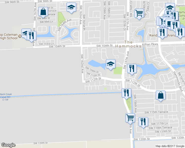 map of restaurants, bars, coffee shops, grocery stores, and more near 15997 Southwest 110th Street in Miami