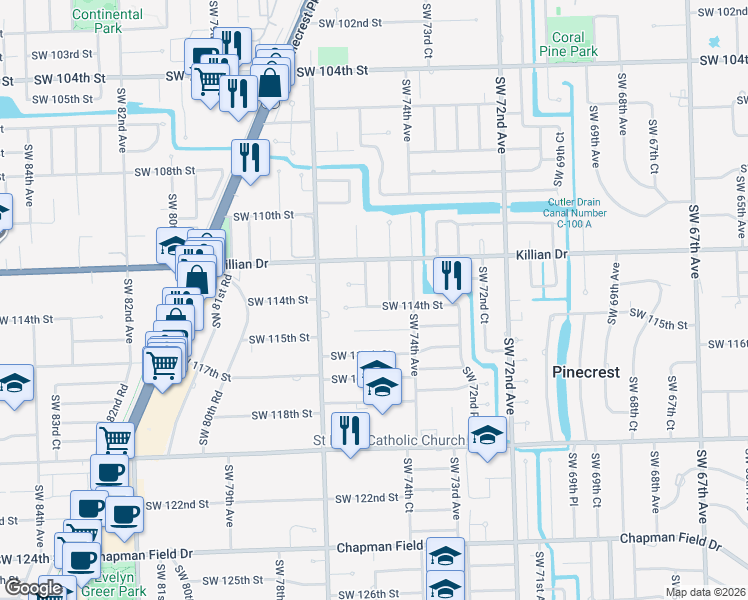 map of restaurants, bars, coffee shops, grocery stores, and more near 7495 Southwest 114th Street in Miami