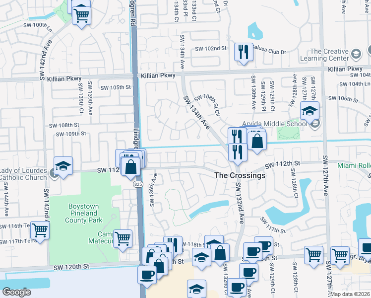 map of restaurants, bars, coffee shops, grocery stores, and more near 13345 Southwest 110th Terrace in Miami