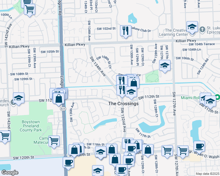 map of restaurants, bars, coffee shops, grocery stores, and more near 11023 Southwest 132nd Court in Miami