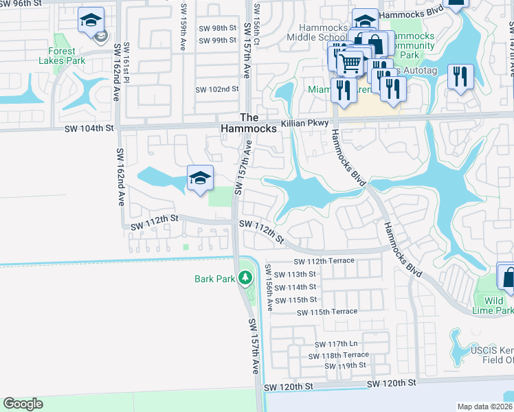 map of restaurants, bars, coffee shops, grocery stores, and more near 11045 Southwest 156th Place in Miami