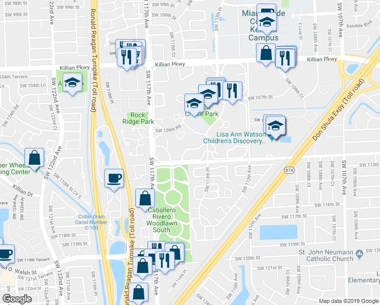 map of restaurants, bars, coffee shops, grocery stores, and more near 11416 Southwest 110th Lane in Miami