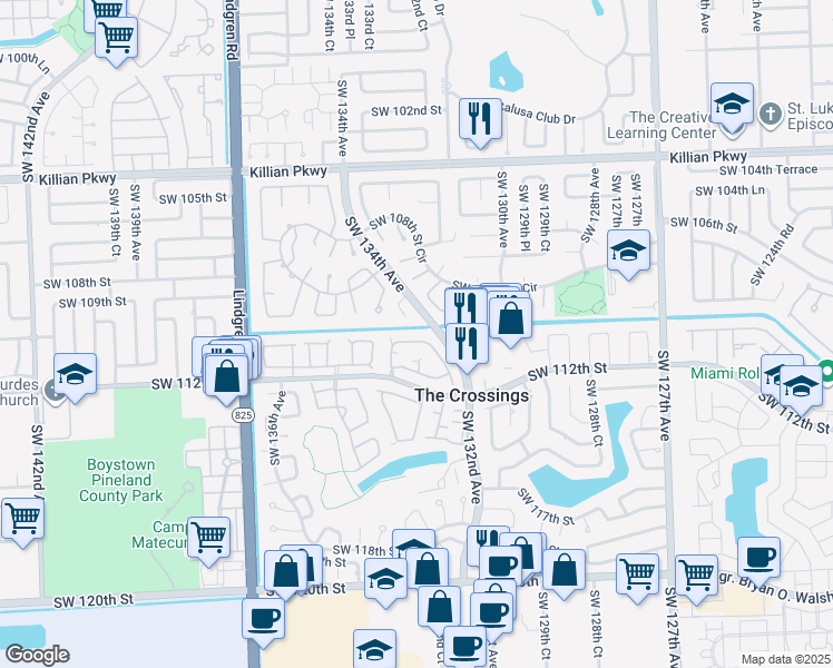 map of restaurants, bars, coffee shops, grocery stores, and more near 11023 Southwest 132nd Court in Miami