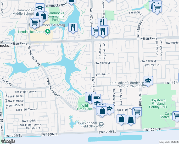 map of restaurants, bars, coffee shops, grocery stores, and more near 14713 Southwest 110th Terrace in Miami