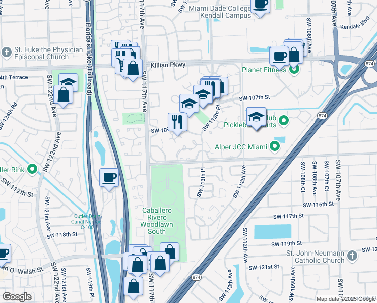 map of restaurants, bars, coffee shops, grocery stores, and more near 11407 Southwest 112th Street in Miami