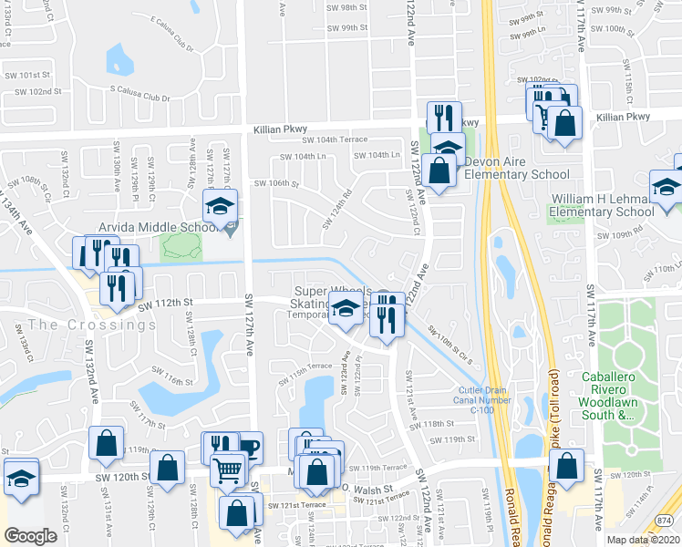 map of restaurants, bars, coffee shops, grocery stores, and more near 12331 Southwest 110th South Canal Street Road in Miami