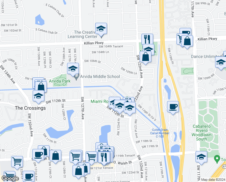 map of restaurants, bars, coffee shops, grocery stores, and more near 12335 Southwest 110th South Canal Street Road in Miami