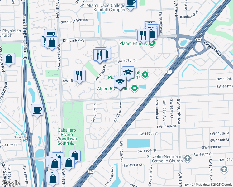 map of restaurants, bars, coffee shops, grocery stores, and more near 11209 Southwest 112th Street in Miami