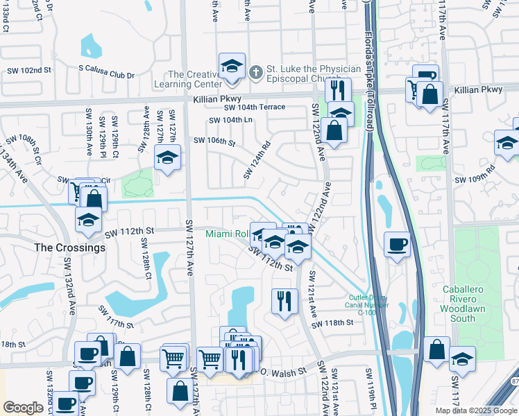 map of restaurants, bars, coffee shops, grocery stores, and more near 12335 Southwest 110th South Canal Street Road in Miami