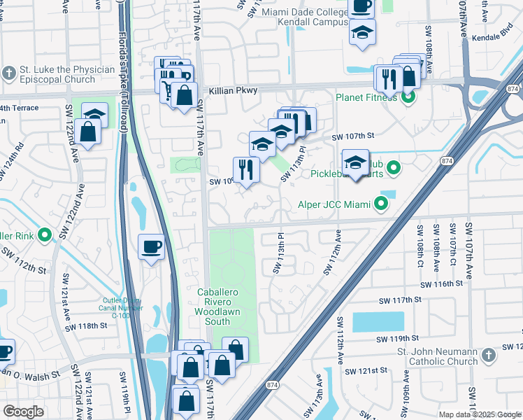 map of restaurants, bars, coffee shops, grocery stores, and more near 11407 Southwest 112th Street in Miami
