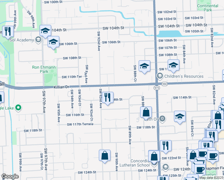 map of restaurants, bars, coffee shops, grocery stores, and more near 11245 Southwest 91 Avenue in Miami
