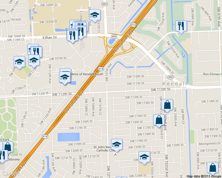map of restaurants, bars, coffee shops, grocery stores, and more near 10600 Southwest 112th Street in Miami