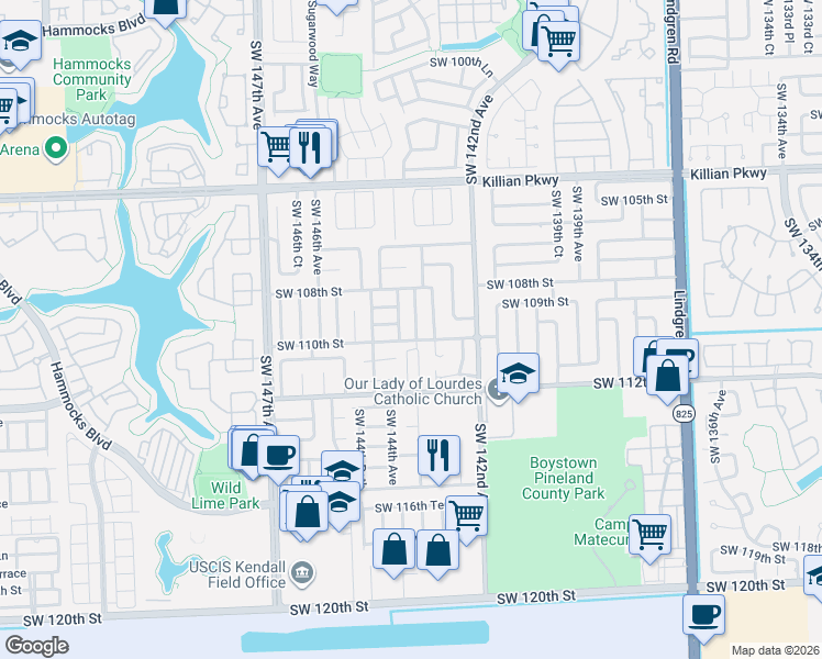 map of restaurants, bars, coffee shops, grocery stores, and more near 10951 Southwest 144th Avenue in Miami
