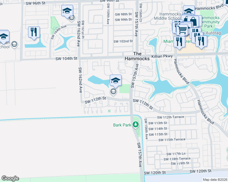 map of restaurants, bars, coffee shops, grocery stores, and more near 15851 Southwest 112th Street in Miami