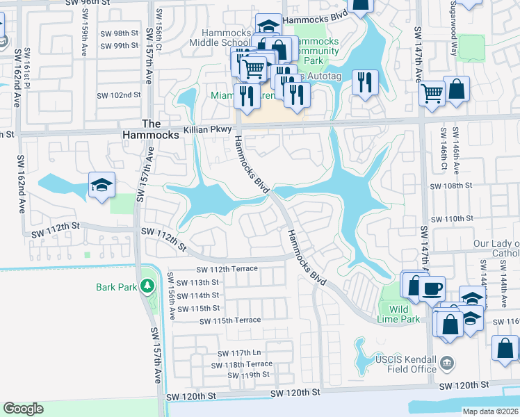 map of restaurants, bars, coffee shops, grocery stores, and more near 15246 Southwest 108th Terrace in Miami