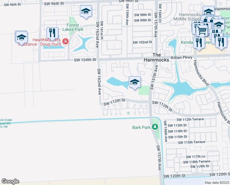 map of restaurants, bars, coffee shops, grocery stores, and more near 15997 Southwest 110th Street in Miami