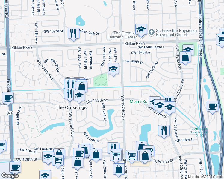 map of restaurants, bars, coffee shops, grocery stores, and more near 11042 Southwest 127th Place in Miami